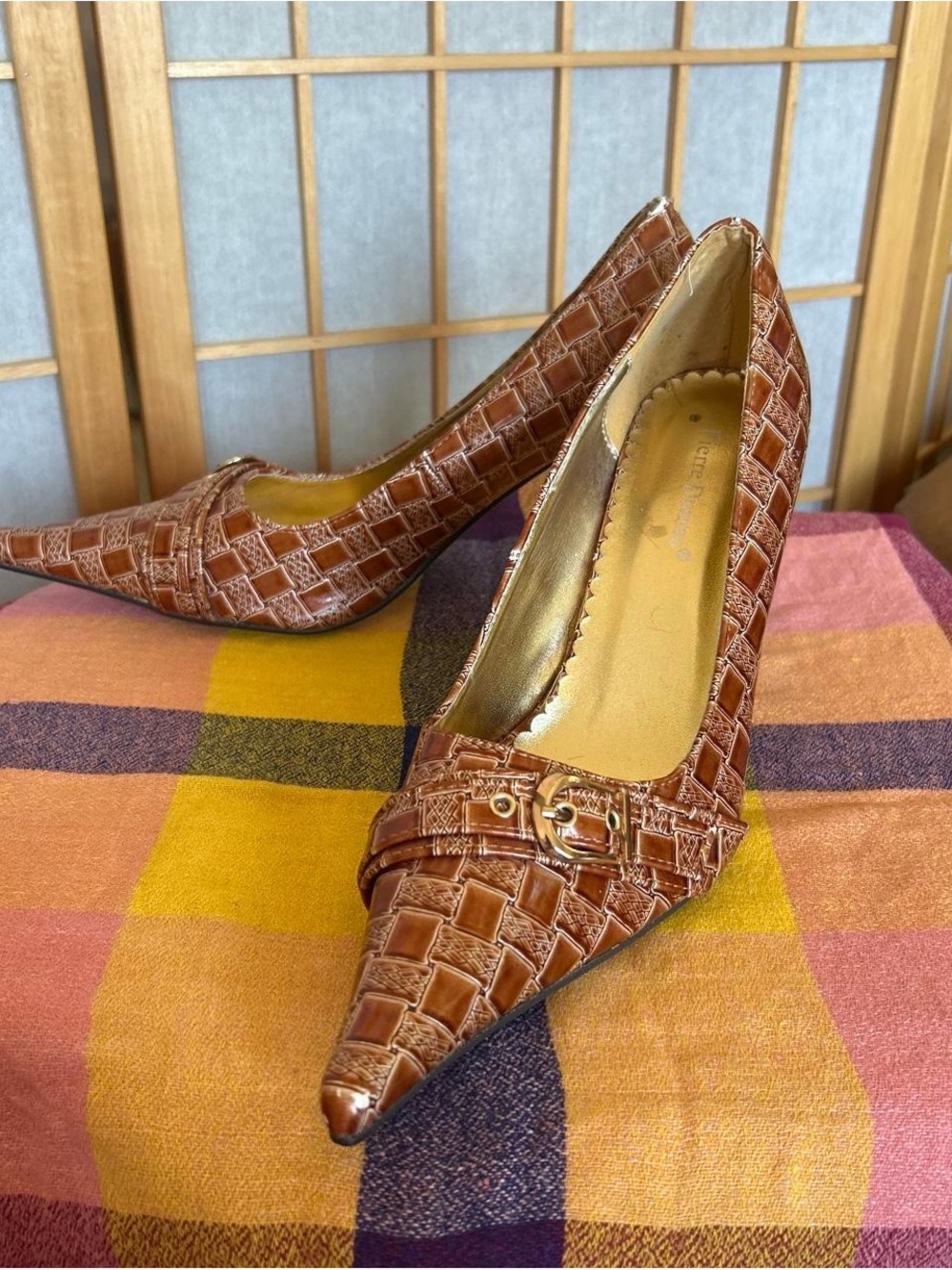 Pierre Dumas Tan Croc-Embossed Pointed Toe Heels with Buckle